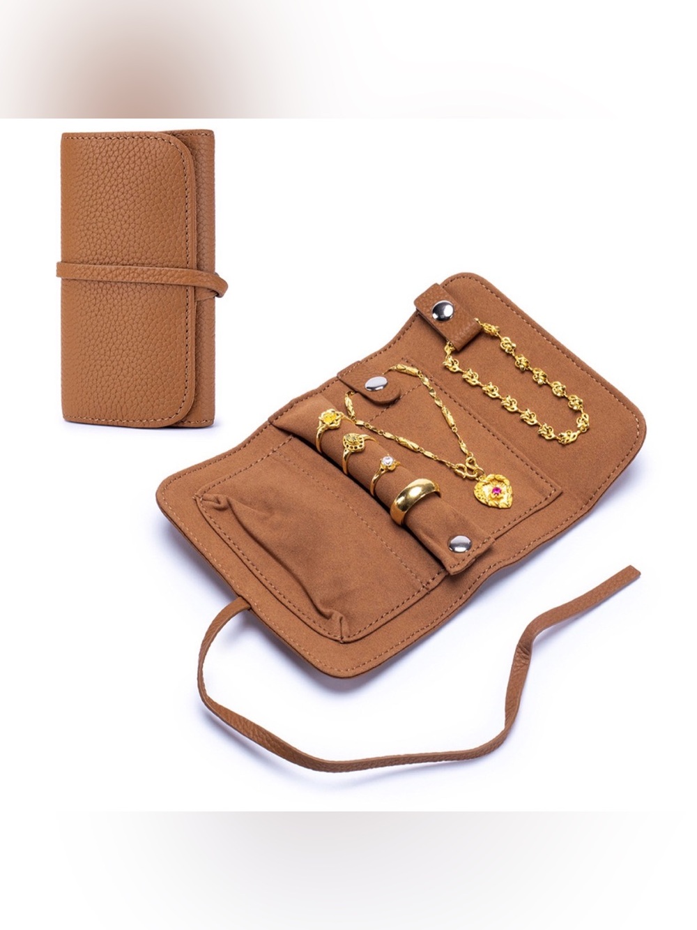 Leather Travel Jewelry Roll Organizer - Tan